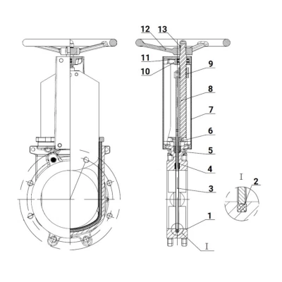 Задвижки шиберные DN.ru GVKN1331N-2W-Fb-S Ду350 Ру6 WENZ межфланцевые, с невыдвижным шпинделем, корпус - чугун GGG40, шибер - нержавеющая сталь SS304, уплотнение - NBR, управление - штурвал