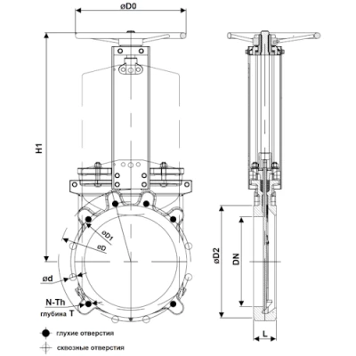 Задвижка шиберная DN.ru GVKR3232M-1W-Fb-S Ду150 Ру10 WENZ односторонняя, межфланцевая, шпиндель - выдвижной, корпус - нержавеющая сталь 316, шибер - нержавеющая сталь 316, уплотнение - металл, управление - штурвал