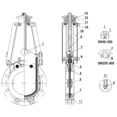 Задвижки шиберные DN.ru GVKN1331E-2W-Fb-ОСТ Ду50-400 Ру6-16 WENZ двухсторонние, межфланцевые, шпиндель - невыдвижной, корпус - чугун GGG40, шибер - нержавеющая сталь AISI 304, уплотнение - EPDM, с голым штоком, 36Нм, ОСТ-фланец тип АК (А)/Б