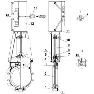 Задвижки шиберные DN.ru GVKR3431M-1W-Fb-2P Ду400 Ру6 WENZ односторонние, межфланцевые, шпиндель - выдвижной, корпус - сталь WCB, шибер - нержавеющая сталь 304, уплотнение - металл, с пневмоприводом