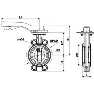 Затворы дисковые поворотные DN.ru WBV1631E-2W-Fb-ISO-H Ду50-300 Ру25 межфланцевые, корпус - чугун QT450, диск - нержавеющая сталь 304, уплотнение - EPDM, с ISO-фланцем