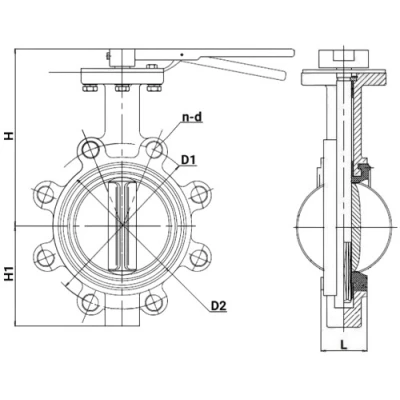 Затворы дисковые поворотные для абразивных сред DN.ru WBV1632E-2W-Fb-H RR Ду65-100 Ру16, корпус - чугун QT450, диск - нержавеющая сталь AISI 316L, уплотнение - износостойкий EPDM, межфланцевые, с рукояткой