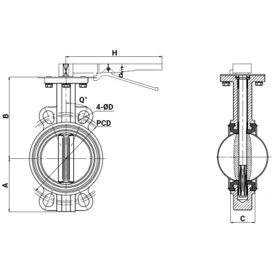 Затвор дисковый поворотный DN.ru WBV3131P-2W-Fb-H Ду200 Ру16 межфланцевый, корпус - нержавеющая сталь 304, диск - нержавеющая сталь 304, уплотнение - PTFE, с рукояткой, с ISO-фланцем F10, квадрат 17х17