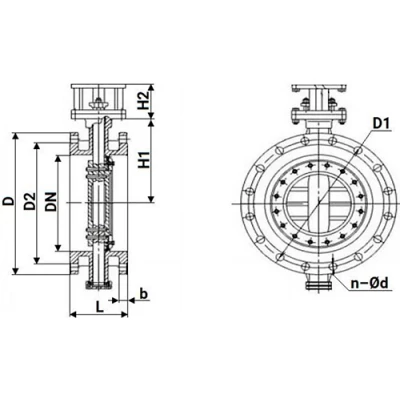 Затворы дисковые поворотные с тройным эксцентриситетом DN.ru WBV3EX-3431M-1W-F-ISO Ду100 Ру25, корпус - углеродистая сталь WCB, диск - нержавеющая сталь 304, уплотнение - METAL, с пневмоприводом PA-DA-105-1 и БКВ APL-210N