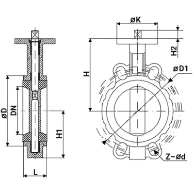 Затворы дисковые поворотные DN.ru WBV1431N-2W-Fb-ISO-R Ду350 Ру16 межфланцевые, корпус - чугун GGG50, диск - нержавеющая сталь AISI 304, уплотнение - NBR, с редуктором