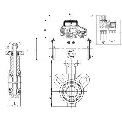 Затворы дисковые поворотные DN.ru WBV0232E-2W-Fb-ISO-H Ду25/32 Ру16, корпус - алюминиевый сплав, диск - нержавеющая сталь 316L, уплотнение - EPDM, с пневмоприводом PA-SA, пневмораспределителем 4М310-08 220В NAMUR, БКВ APL-410N EX, БПВ AFC2000