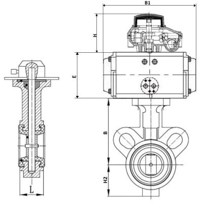 Затворы дисковые поворотные DN.ru WBV0232E-2W-Fb-ISO-H Ду25/32 Ру16, корпус - алюминиевый сплав, диск - нержавеющая сталь 316L, уплотнение - EPDM, с пневмоприводом PA-DA, пневмораспределителем 4V320-08 220В, БКВ APL-410N EX