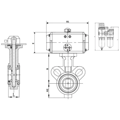 Затворы дисковые поворотные DN.ru WBV0232E-2W-Fb-ISO-H Ду25/32 Ру16, корпус - алюминиевый сплав, диск - нержавеющая сталь 316L, уплотнение - EPDM, с пневмоприводом PA-SA, пневмораспределителем 4V320-08 220В, БПВ AFC2000