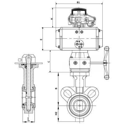 Затворы дисковые поворотные DN.ru WBV0232E-2W-Fb-ISO-H Ду25/32 Ру16, корпус - алюминиевый сплав, диск - нержавеющая сталь 316L, уплотнение - EPDM, с пневмоприводом PA-DA, пневмораспределителем 4V320-10 220В, БКВ APL-410N EX, ручным дублером MON