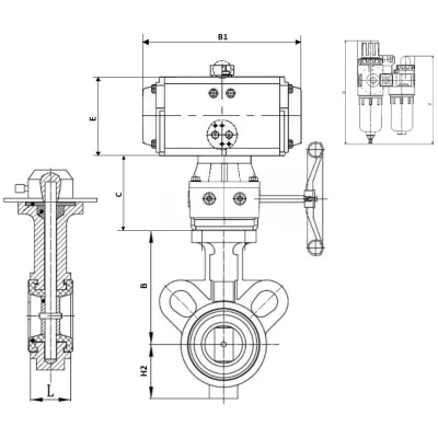Затворы дисковые поворотные DN.ru WBV0232E-2W-Fb-ISO-H Ду25/32 Ру16, корпус - алюминиевый сплав, диск - нержавеющая сталь 316L, уплотнение - EPDM, с пневмоприводом PA-DA, пневмораспределителем 4V320-08 220В, ручным дублером MON, БПВ AFC2000