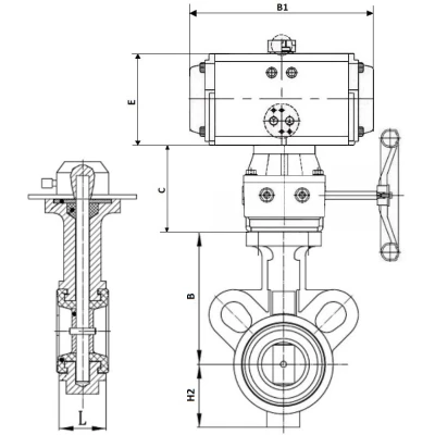 Затворы дисковые поворотные DN.ru WBV0232E-2W-Fb-ISO-H Ду25/32 Ру16, корпус - алюминиевый сплав, диск - нержавеющая сталь 316L, уплотнение - EPDM, с пневмоприводом PA-DA и ручным дублером MON