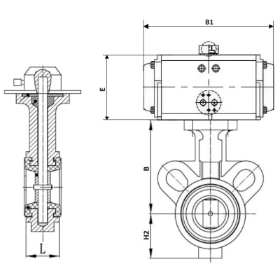 Затворы дисковые поворотные DN.ru WBV0232E-2W-Fb-ISO-H Ду25/32 Ру16, корпус - алюминиевый сплав, диск - нержавеющая сталь 316L, уплотнение - EPDM, с пневмоприводом PA-DA двойного действия