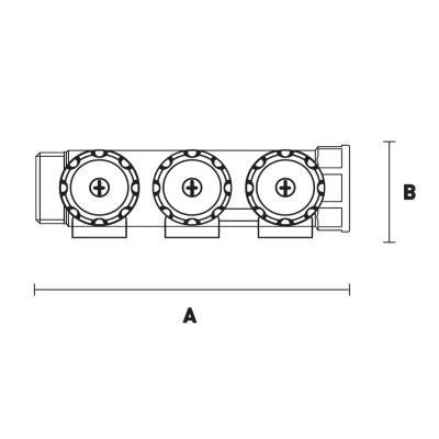 Коллектор модульный ELSEN TIN 3/4″ Ду20 Ру10 корпус – латунь CW617N, покрытие – оловянное, 3 контура, размер отвода – 1/2″ присоединение – наружная резьба, плоское уплотнение, вентили под 90°  