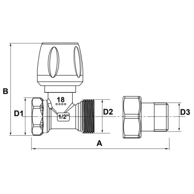 Вентиль ручной ELSEN EVR08.3411 3/4″х1/2″ Ду20х15 Ру10 прямой, материал - никелированная латунь с уплотнением O-RING, присоединение - наружная резьба