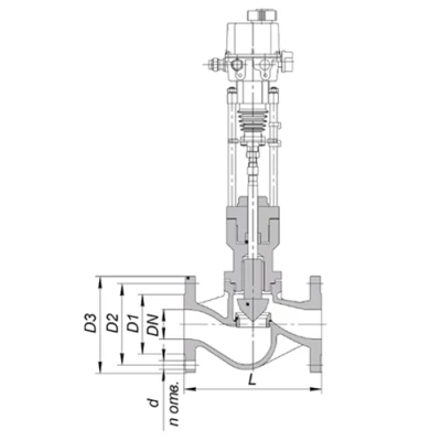 Клапаны запорно-регулирующие Энерготехномаш ЗРК 25с945п Ду65-100 Ру16-25 односедельные фланцевые, Tmax до 150°С, корпус - сталь 25Л, с ЭИМ Regada ST 0 490.0-0NFAG/00, без датчика (стандарт)