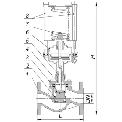 Регулятор давления до себя Энерготехномаш УРРД-НЗ-РД Ду15 Ру16 фланцевый, Kvy - 0.25м3/ч, Tmax до 150°С, уплотнение - EPDM, корпус - чугун СЧ25, с мембранным приводом 0.05-0.3МПа