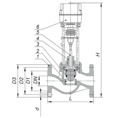 Клапаны запорно-регулирующие двухходовые Энерготехномаш 25ч945п Ду15-50 Ру16 односедельные, корпус - серый чугун GG25, уплотнение - EPDM, фланцевые, Tmax до 150°C, с электроприводом Regada ST mini 472.0-0DFSG/00, датчик положения 4-20мА, IP67
