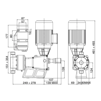 Насос дозировочный плунжерный ETATRON P BA 0256 поверхностный, корпус - алюминий, мощность - 0.25кВт, производительность - 256л/час, 380В, головка насоса - ПВХ