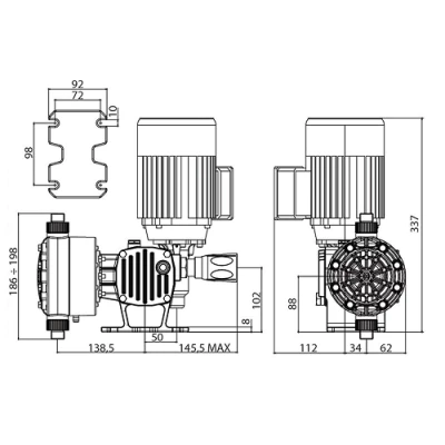Насосы дозировочные мембранные ETATRON ST-D CA поверхностные, корпус - алюминий, мощность - 0.18-0.25кВт, производительность - 16-123л/час, 220-380В, головка насоса - PP, шаровые клапана - керамика