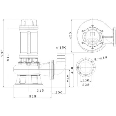 Насос фекальный FANCY WQV150/15 погружной, корпус - чугун, мощность - 15кВт, напор - 24м, производительность - 2000л/мин, 380B