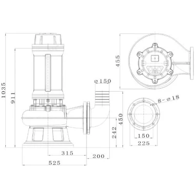 Насос фекальный FANCY WQV150/22 погружной, корпус - чугун, мощность - 22кВт, напор - 34м, производительность - 2667л/мин, 380B