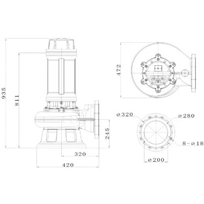 Насос фекальный FANCY WQV200/11 погружной, корпус - чугун, мощность - 11кВт, напор - 14м, производительность - 2667л/мин, 380B