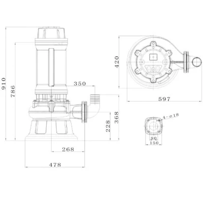 Насос фекальный FANCY WQV80/15 погружной, корпус - чугун, мощность - 15кВт, напор - 37м, производительность - 1333л/мин, 380B