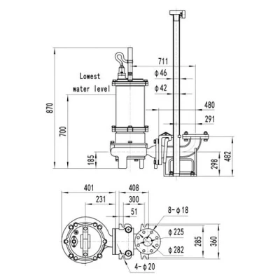 Насос фекальный FANCY 150WQB150-25-18.5/2 погружной, корпус - чугун, мощность - 18.5кВт, напор - 25м, производительность - 2500л/мин, 380В