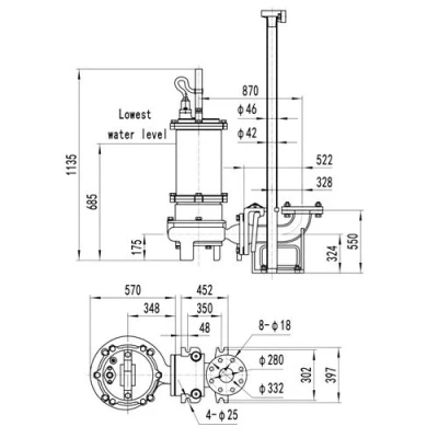 Насос фекальный FANCY 200WQB250-20-22/4 погружной, корпус - чугун, мощность - 22кВт, напор - 20м, производительность - 4167л/мин, 380В