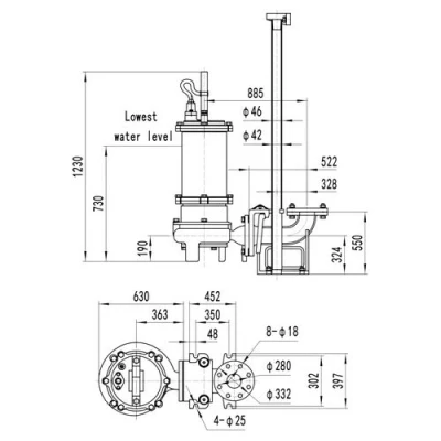 Насос фекальный FANCY 200WQB250-23-30/4 погружной, корпус - чугун, мощность - 30кВт, напор - 23м, производительность - 4167л/мин, 380В