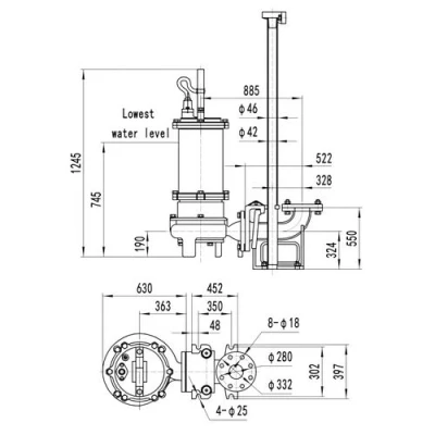 Насос фекальный FANCY 200WQB350-25-37/4 погружной, корпус - чугун, мощность - 37кВт, напор - 25м, производительность - 5833л/мин, 380В