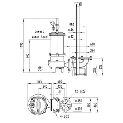 Насос фекальный FANCY 250WQB500-11-22/4 погружной, корпус - чугун, мощность - 22кВт, напор - 11м, производительность - 8333л/мин, 380В