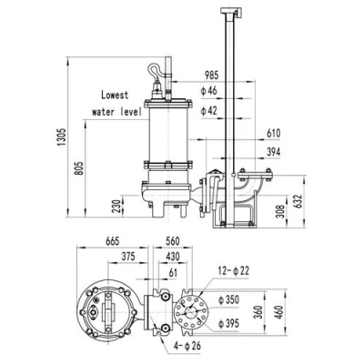 Насос фекальный FANCY 250WQB600-13-37/4 погружной, корпус - чугун, мощность - 37кВт, напор - 13м, производительность - 10000л/мин, 380В