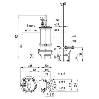 Насос фекальный FANCY 300WQB700-16-45/4 погружной, корпус - чугун, мощность - 45кВт, напор - 16м, производительность - 11667л/мин, 380В