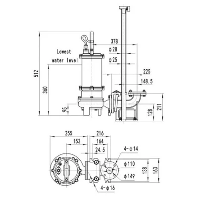Насос фекальный FANCY 50WQB15-29-3/2 погружной, корпус - чугун, мощность - 3кВт, напор - 29м, производительность - 250л/мин, 380В