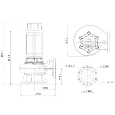 Насос фекальный FANCY WQV200/15 погружной, корпус - чугун, мощность - 15кВт, напор - 22м, производительность - 2667л/мин, 380B
