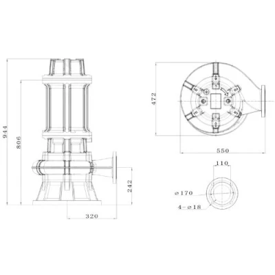 Насос фекальный FANCY WQV4-100/11 погружной, корпус - чугун, мощность - 11кВт, напор - 19м, производительность - 2000л/мин, 380B