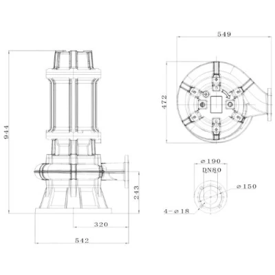Насос фекальный FANCY WQV4-80/15 погружной, корпус - чугун, мощность - 15кВт, напор - 23м, производительность - 1333л/мин, 380B