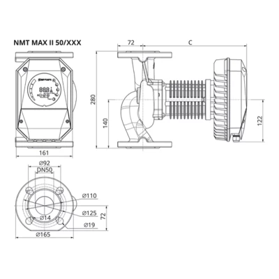 Насос циркуляционный IMP PUMPS NMT SAN MAX II U 50/180 F280 поверхностный, корпус - нержавеющая сталь, мощность - 0.83кВт, напор - 15.92м, производительность - 717л/мин, 220В, для подачи питьевой воды, с встроенным U-модулем связи