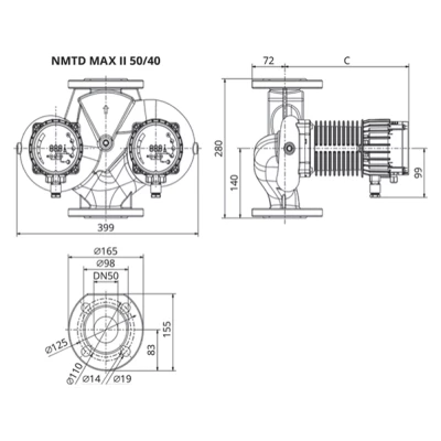 Насос циркуляционный IMP PUMPS NMTD MAX II U 50/40 F280 поверхностный, корпус - чугун, мощность - 0.16кВт, напор - 4.29м, производительность - 403л/мин, 220В, с встроенным U-модулем связи