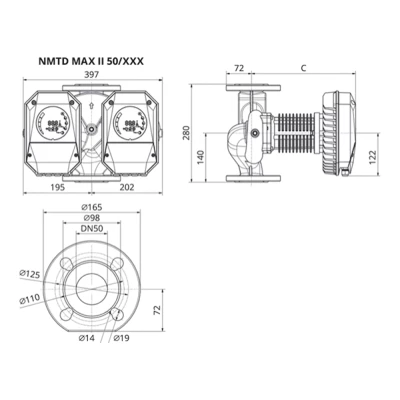 Насос циркуляционный IMP PUMPS NMTD MAX II U 50/120 F280 поверхностный, корпус - чугун, мощность - 0.56кВт, напор - 12.5м, производительность - 623л/мин, 220В, с встроенным U-модулем связи
