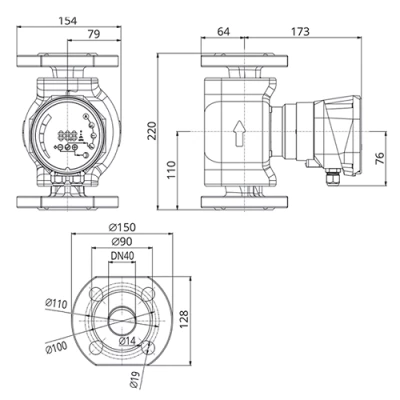Насосы циркуляционные IMP PUMPS NMT SMART II U поверхностные, корпус - чугун, мощность - 0.07-0.16кВт, напор - 4-11.2м, производительность - 133-183л/мин, 220В 3-ий эскиз