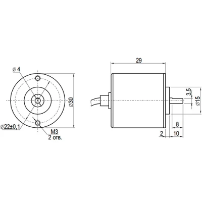 Энкодеры инкрементальные INNOCONT ESI-S30-4 Ду30 выступающий вал - 4мм, материал корпуса - сталь, разрешение - 100-1024имп/об, напряжение - 5/24В, выход - TTL/HTL, IP54, аксиальный кабель - 2м
