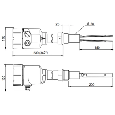 Датчик уровня вибрационный INNOLEVEL IL-VM-N Ру10, 22-265 VAC - 20-46 VDC, IP 67, чувствительность - от 10г/л, резьба G 1 1/2″, удлинение - 200мм, выход - реле DPDT