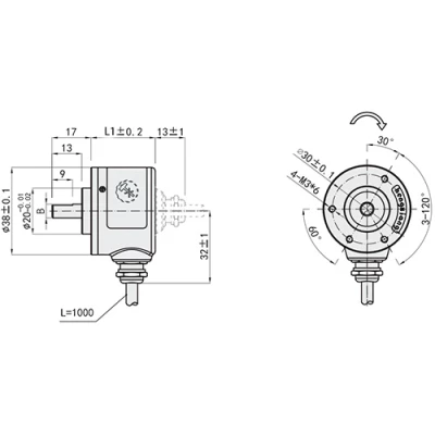 Энкодеры инкрементальные LANBAO ENI38S8, материал корпуса - алюминиевый сплав, сплошной вал - 8мм, разрешение - 100-5000имп/об, выход - TTL, кабель - 2м, напряжение - 5В, IP50
