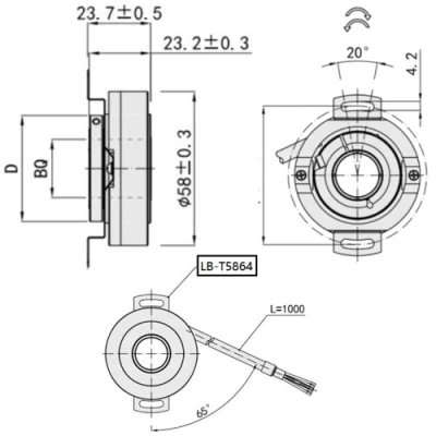 Энкодеры инкрементальные LANBAO ENI58KBQ20, материал корпуса - алюминиевый сплав, сквозной вал - 20мм с передним зажимом, разрешение - 1024-409имп/об, выход - PUSH-PULL, кабель - 1-5м, напряжение - 5/8-30В, IP50