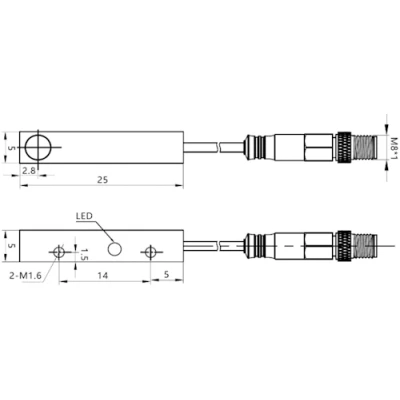 Датчик индуктивный LANBAO LE05VF08DPO-F1 прямоугольный, монтаж - заподлицо, расстояние срабатывания - 0.8мм, тип выходного сигнала - PNP NO, соединение - кабель 0,2 м с разъемом 0,2м, материал корпуса - алюминий, IP67