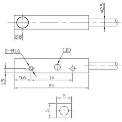 Датчик индуктивный LANBAO LE05VF08DPO прямоугольный, монтаж - заподлицо, расстояние срабатывания - 0.8мм, тип выходного сигнала - PNP NO, соединение - кабель 2м, материал корпуса - алюминий, IP67