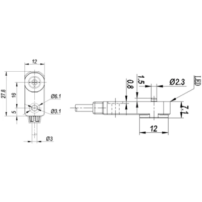 Датчик индуктивный LANBAO LE12SN04DNO прямоугольный, монтаж - незаподлицо, расстояние срабатывания - 4мм, тип выходного сигнала - NPN NO, соединение - кабель 2м, материал корпуса - пластик, IP67