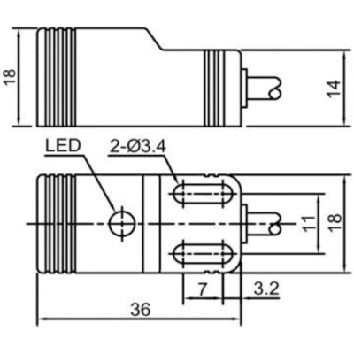 Датчик индуктивный LANBAO LE18SF05DPC прямоугольный, монтаж - заподлицо, расстояние срабатывания - 5мм, тип выходного сигнала - PNP NC, соединение - кабель 2м, материал корпуса - пластик, IP67